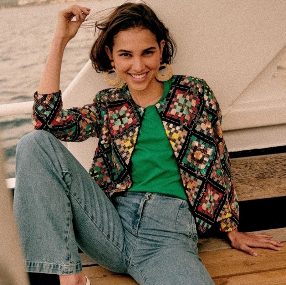 SÉZANE Ena Hand Beaded Embroidered Multi Color Geometric Pattern Jacket XS NWOT - Picture 3 of 13